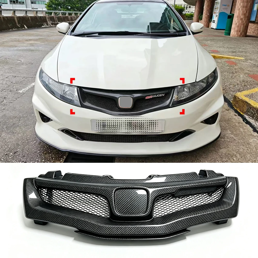 Mugen Style Carbon Fiber Front Grille For Honda Civic Type‑R FN2 2006‑2012 Euro Hatchback Racing Bumper Mesh Grille Modification