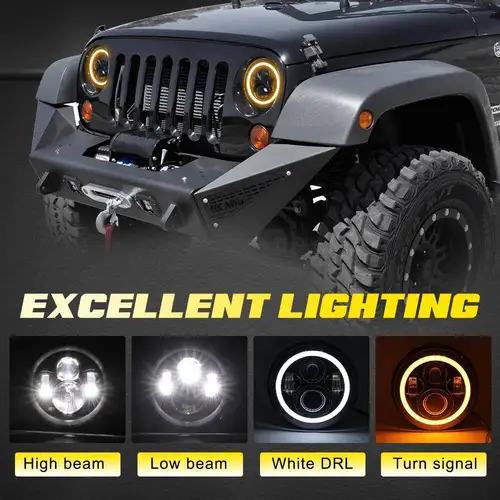 Imagen 2 del producto Faro Led de 7 pulgadas DOT E9 anillo de Halo blanco amarillo DRL Ojo de Ángel para Moto SUV ATV faro de haz alto y bajo 12V 24V