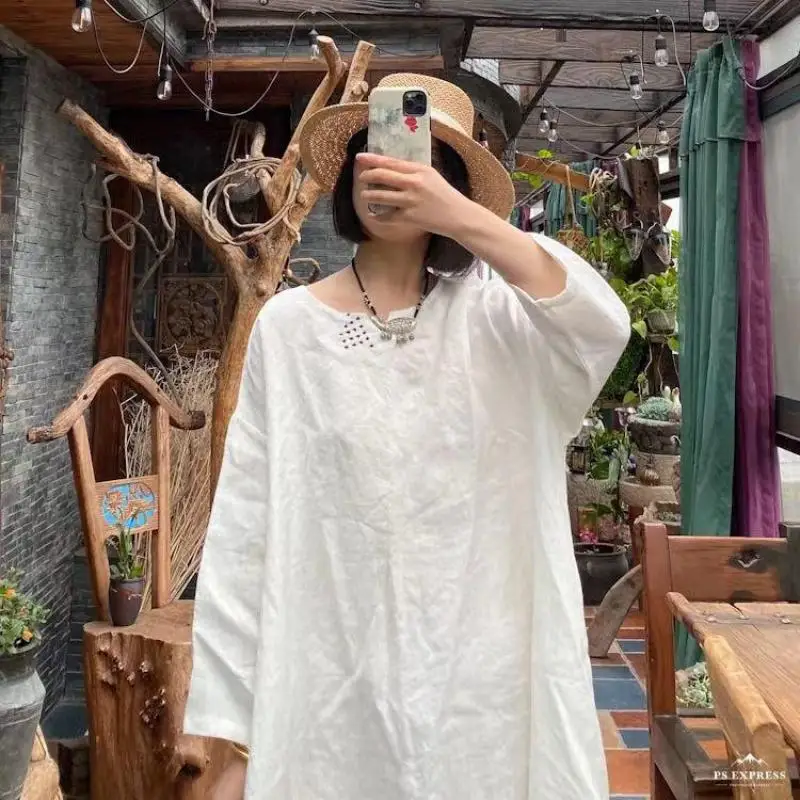2025 Spring Summer Arts Style Women O-neck Loose Long Dress All-matched Casual Good Quality Linen White Pullover Dresses T321