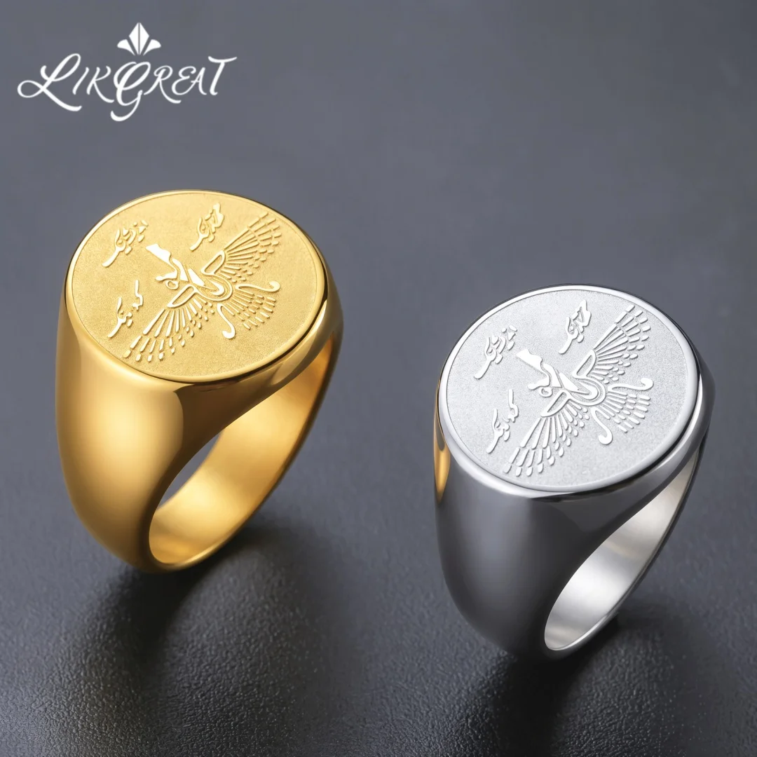 Bague Chevalière Faravahar en Acier Inoxydable, Symbole Zoroastrien Iranien, Aigle Talisman Farvahar, Bijou Persan Porte-Bonheur, Cadeau