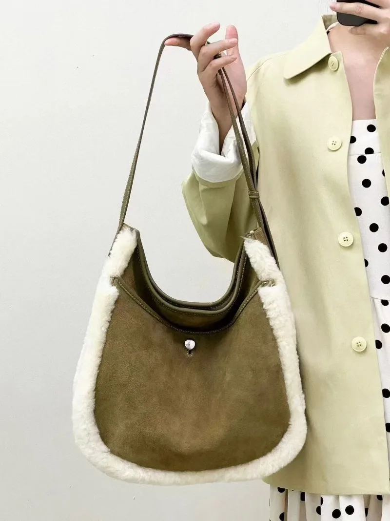 Lamb Wool Bolsos Mujer Suede Cow Leather Hand Bag High Capacity Commute Sac Femme Underarm Shoulder Bags Bucket Tote Bolso