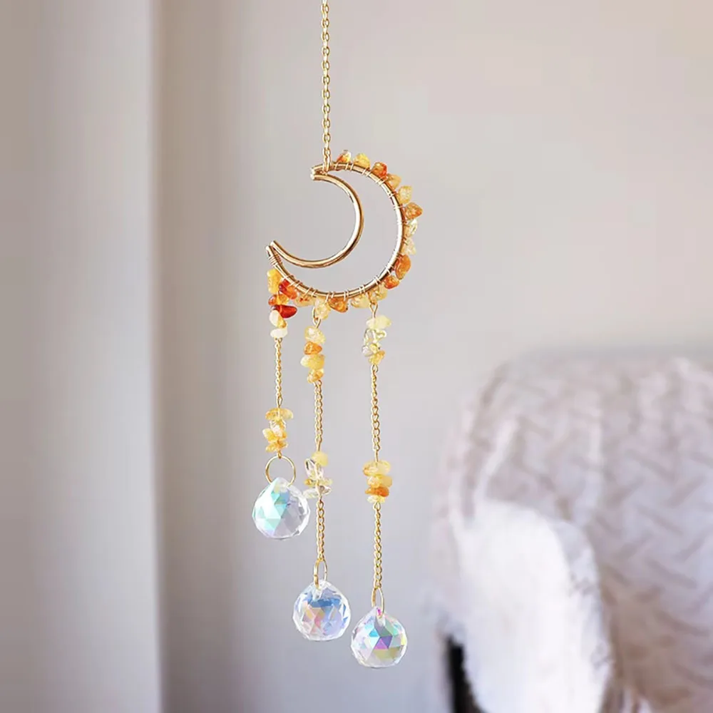 Custom Citrine Chip Stone Moon Sun Catcher - Glass Ball Pendants Hanging Ornament for Window Decor