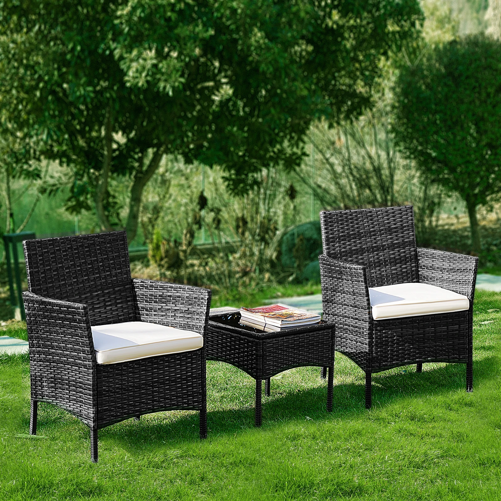 

JHK Garden Patio Furniture Set 3 Pieces with Soft Cushion and Glass Table Manual Weaving Wicker Rattan Patio Chairs For Outdoor