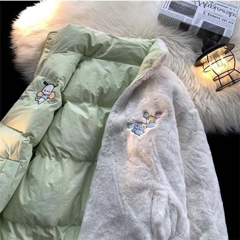 Reversible Quilted Jacket Cinnamoroll Pochacco Kawaii Anime Printed Cotton-Padded Jacket Women\'s Winter Warm Coat Christmas Gift