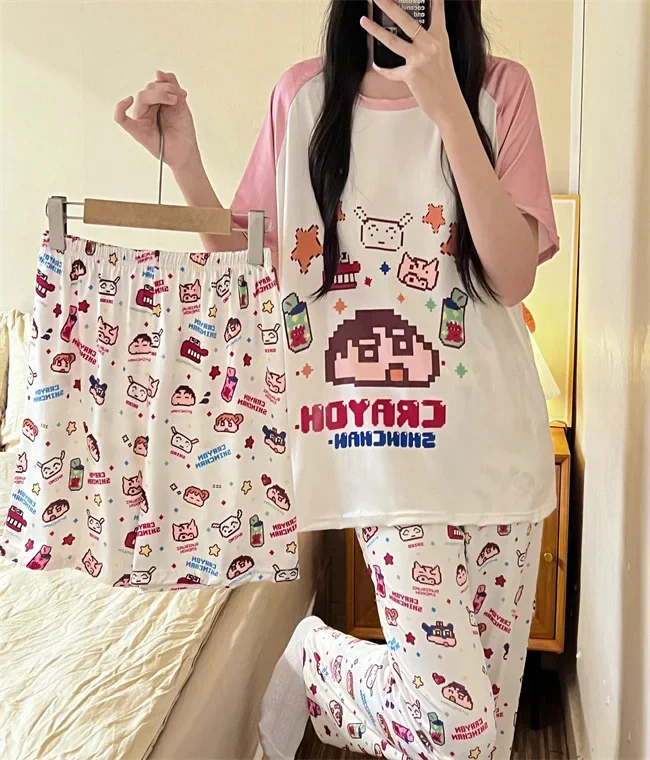 Cartoon Cute Pyjama Set Three Pieces Summer New Style Round Neck Short Sleevesshortstrousers Home Clothes Suit