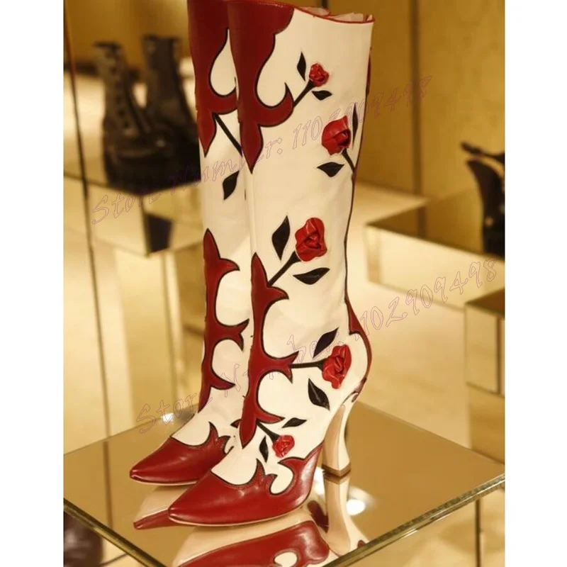 White Strange Style Heels Knee High Boots Flower Print Pointed Toe Shoes for Women Matte Leather Shoes 2024 Zapatos Para Mujere