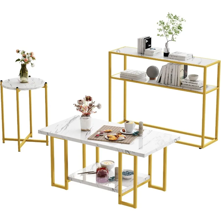 3 Piece Living Room Table SetsFaux Marble CoffeeTable Round EndTable Sofa Side ConsoleTable with Storage Shelves Metal Frame fo