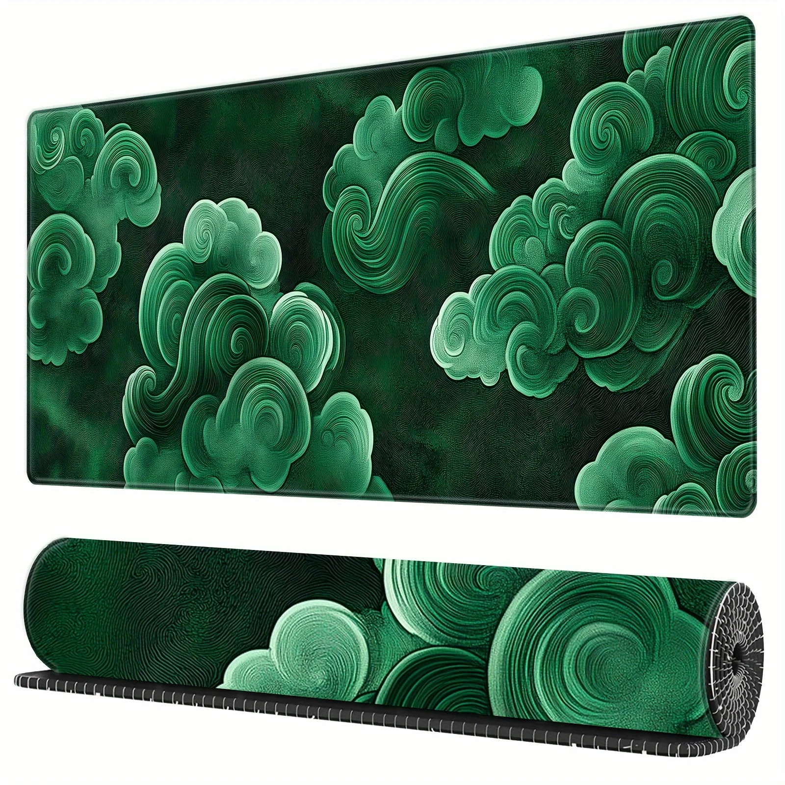 Oversized Gaming Mouse Pad, Non-slip Rubber Base, Stitched Edges, with Green Cloud Pattern, Suitable for Work and Gaming