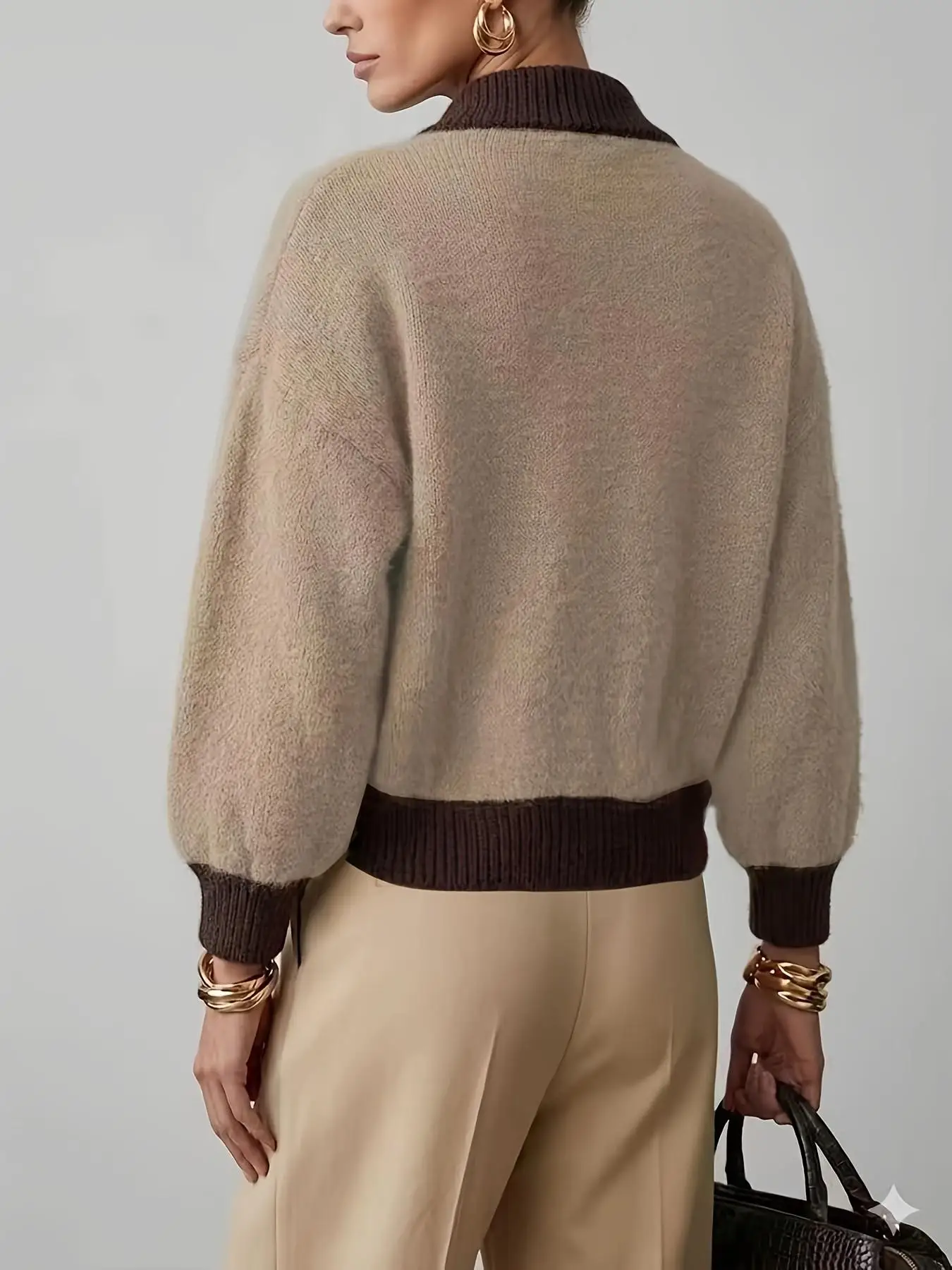 Women 1/4 Zip Knitted Sweater Color Block Lapel Collar Long Sleeve Loose Pullover Autumn Winter Casual Contrast Knit Jumper Tops