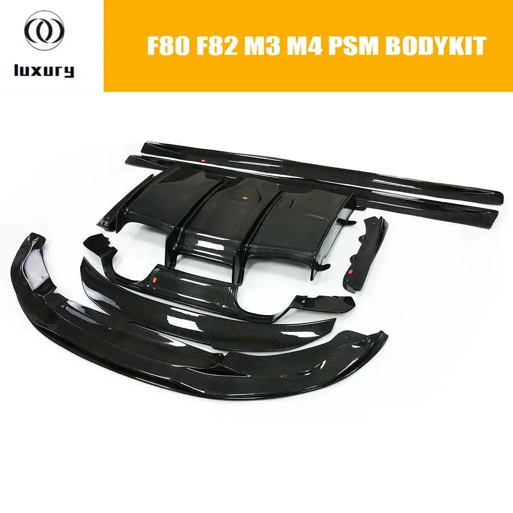 PSM Style Carbon Fiber Bodykit Front Bumper Chin Lip Side Extension Skirt Rear Diffuser Trunk Spoiler for BMW F80 F82 F83 M3 M4