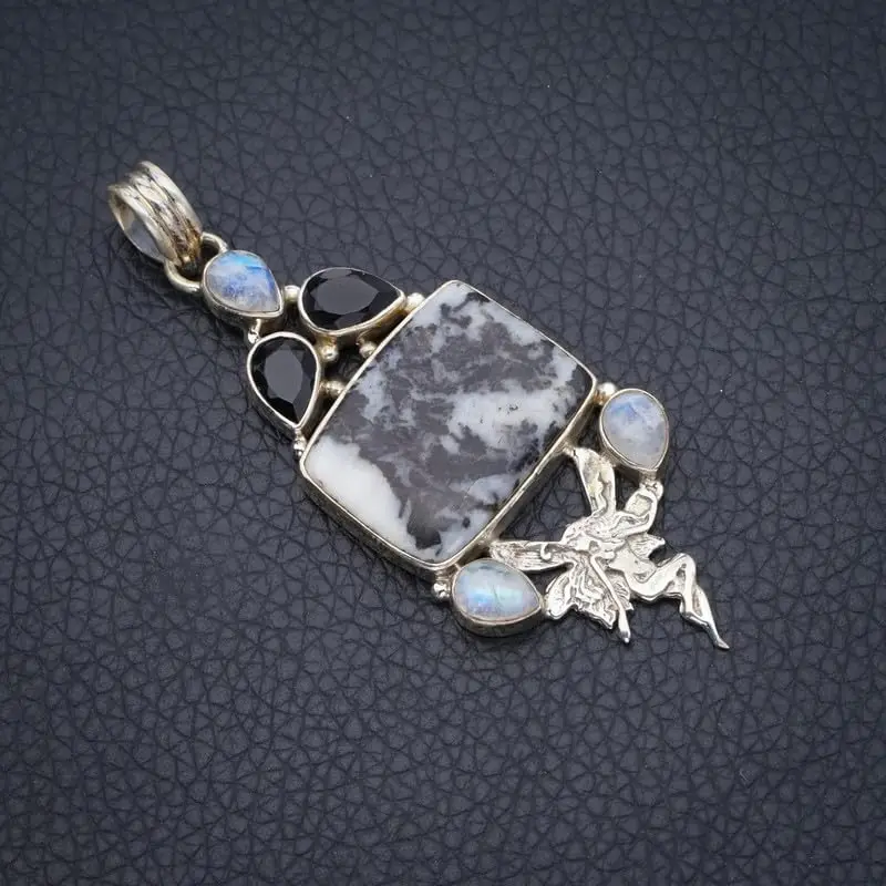 StarGems Natural Pinolith Jasper&Fariy And Black Onyx,Moonstone Handmade 925 Sterling Silver Pendant 2 3/4