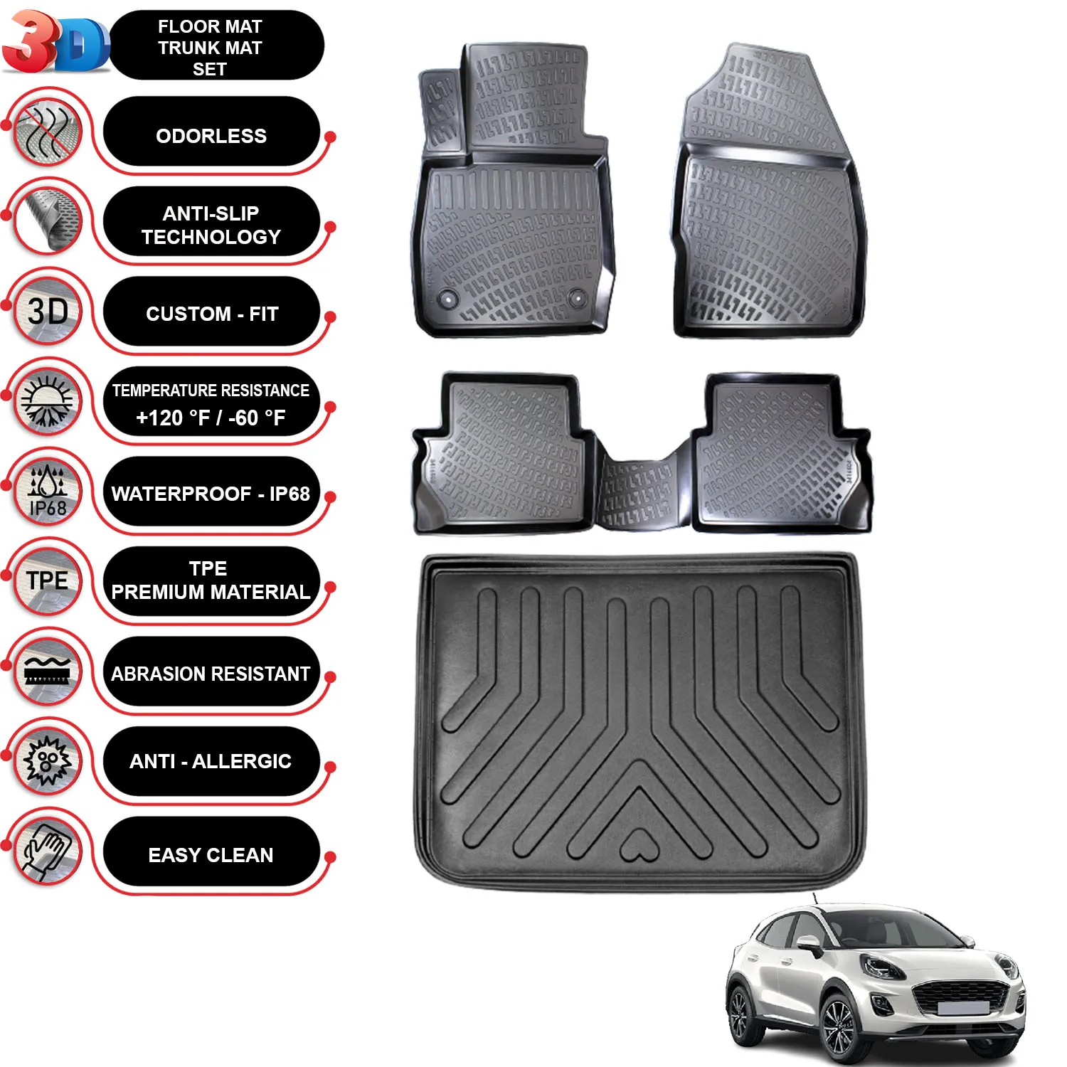 Ford Puma - (2020-2022) - Floor Mats + Cargo Trunk Liner - SET - (Black)