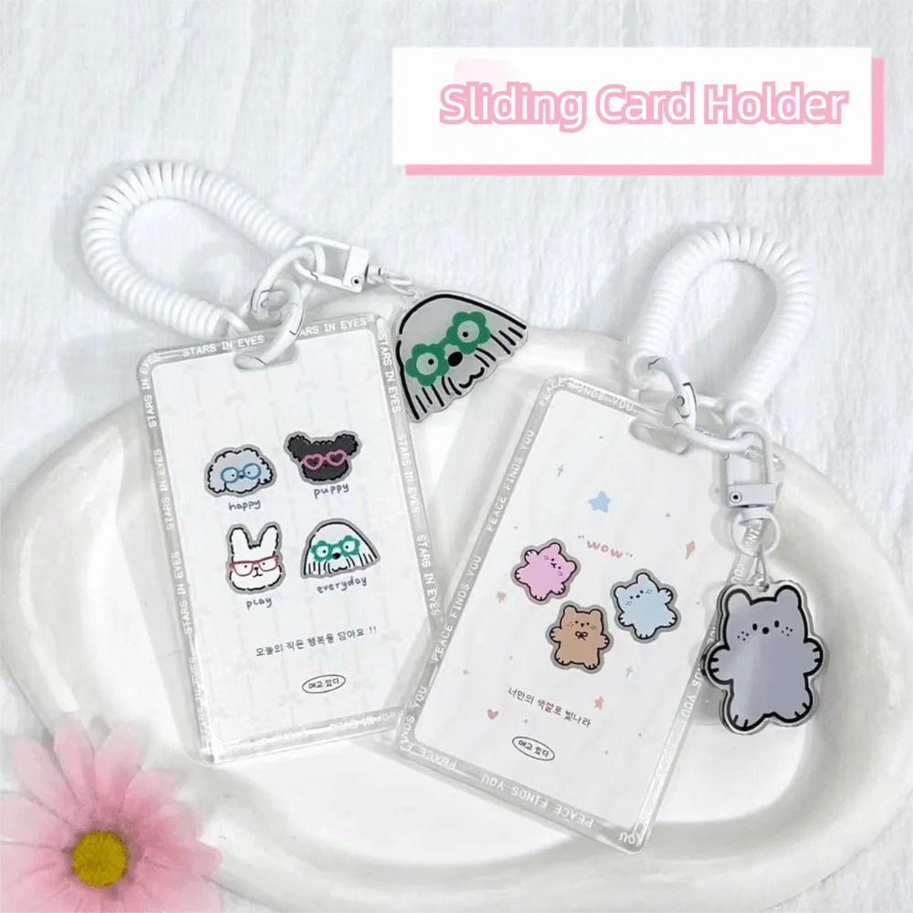 Transparente Kpop Fotokartenhalter Schiebeabdeckung mit Schlüsselanhänger Kartenhalter Federseil Tragbare ID-Karten Schutzhülle