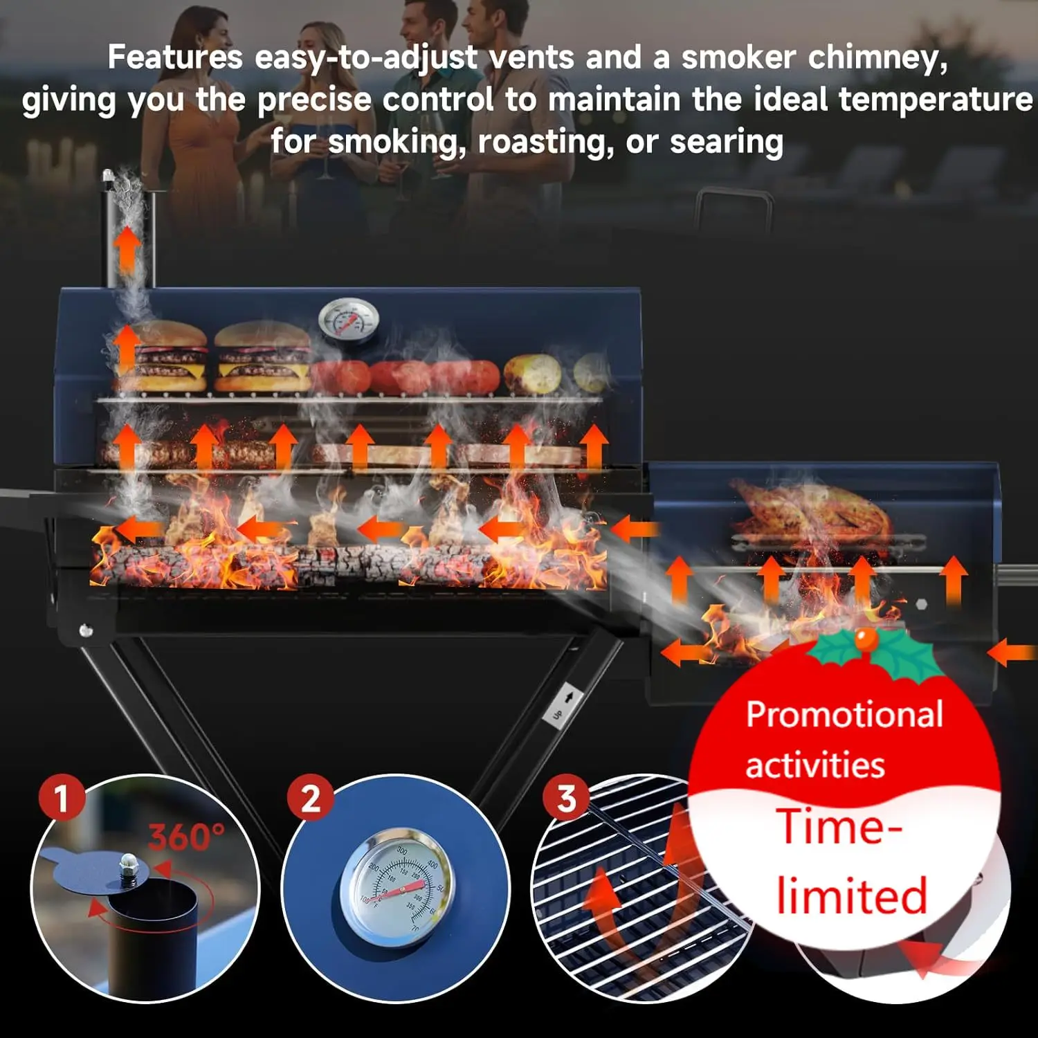 

Portable Charcoal Grill with Smoking Function, Foldable Suitcase Design with Wheels, Multi-Tier Storage Rack & Waterproof Cover