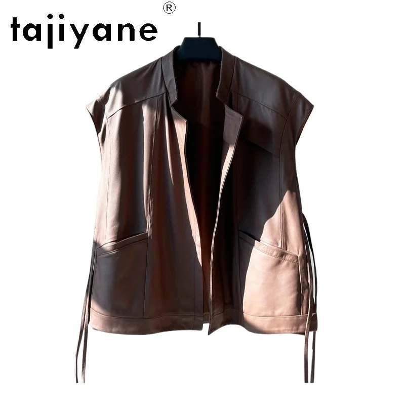 TAJIYANE Genuine Leather Jacket Women Sheepskin Vest Mid-length Veste Femme Sleeveless Jackets for Woman Coat Jaqueta Big Pocket