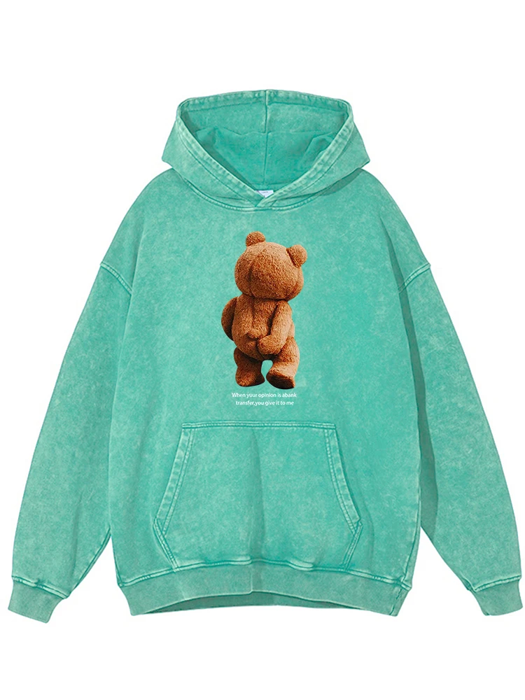 DistMurcia-Sweat à capuche en coton lavé imprimé petit ours pour femme, sweat à capuche de rue décontracté, vêtements chauds d'automne, mode