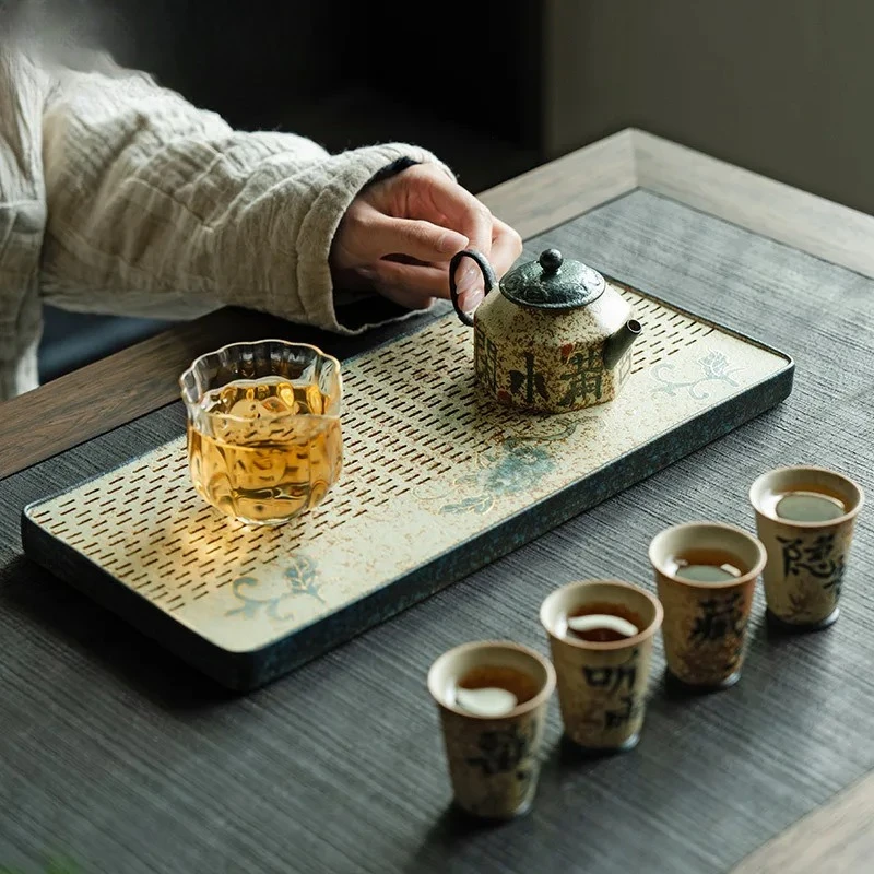 Blue And White Flint Red Rectangular Tea Tray Gold Draw Peony Flower Pot Bearing Support Tea Table Water Storage Dry Tea Table