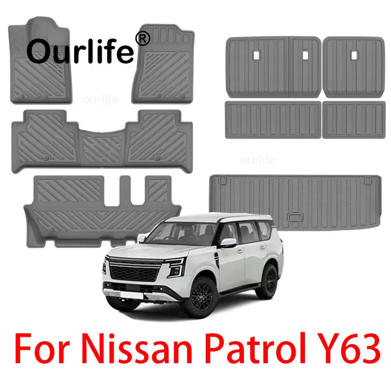For Nissan Patrol Y63 Armada 2026 2027 2025 8Seat TPE Car Floor Mats Cargo Trunk Backrest Pad Accessories Black