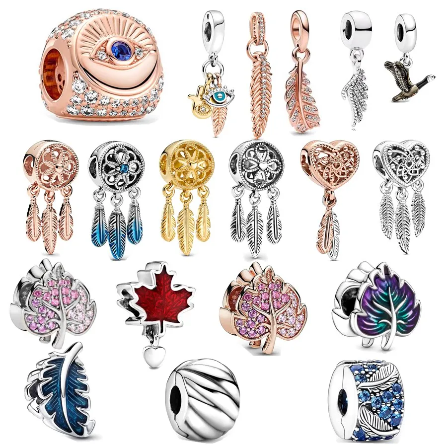 เงิน925สีฟ้าจิตวิญญาณ Dreamcatcher ใบเมเปิลขนนกจี้เสน่ห์ลูกปัดพอดีเดิม Pandora สร้อยคอสร้อยข้อมือเครื่องประดับ DIY