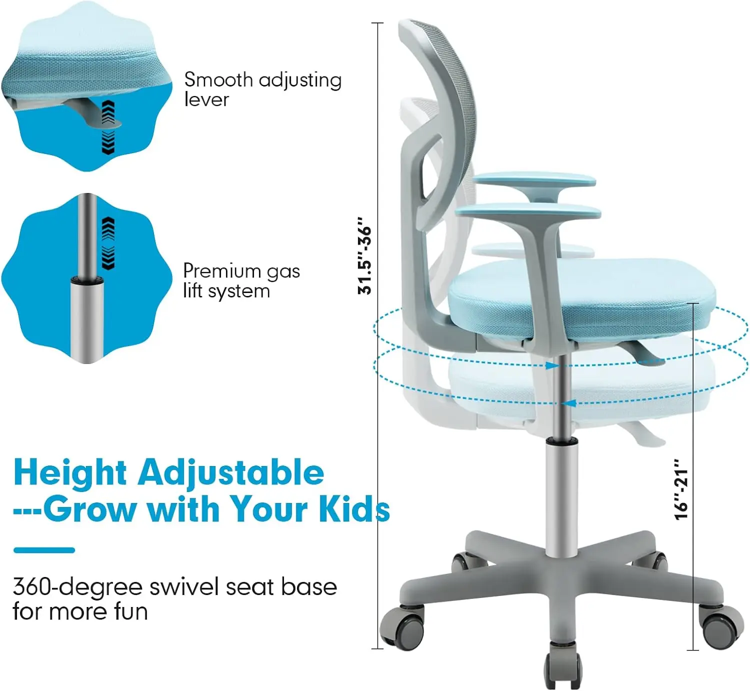 Ergonom-Silla de escritorio para niños, asiento de malla giratoria con altura ajustable, soporte Lumbar, ruedas lisas, Ordenador de estudio