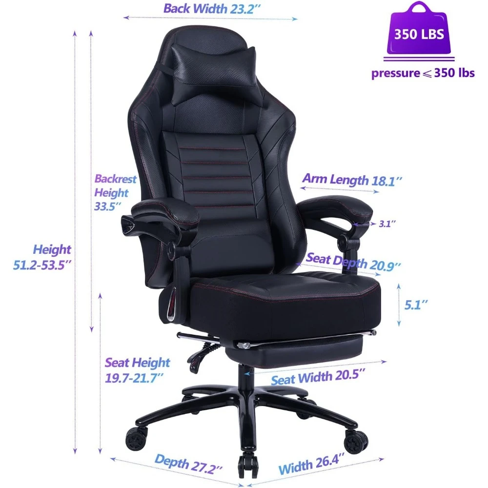 Big and Tall Gaming Chair 400LBS Gaming Chair with Footrest Massage Gaming Chair Memory Foam Adjustable Tilt Back Angle