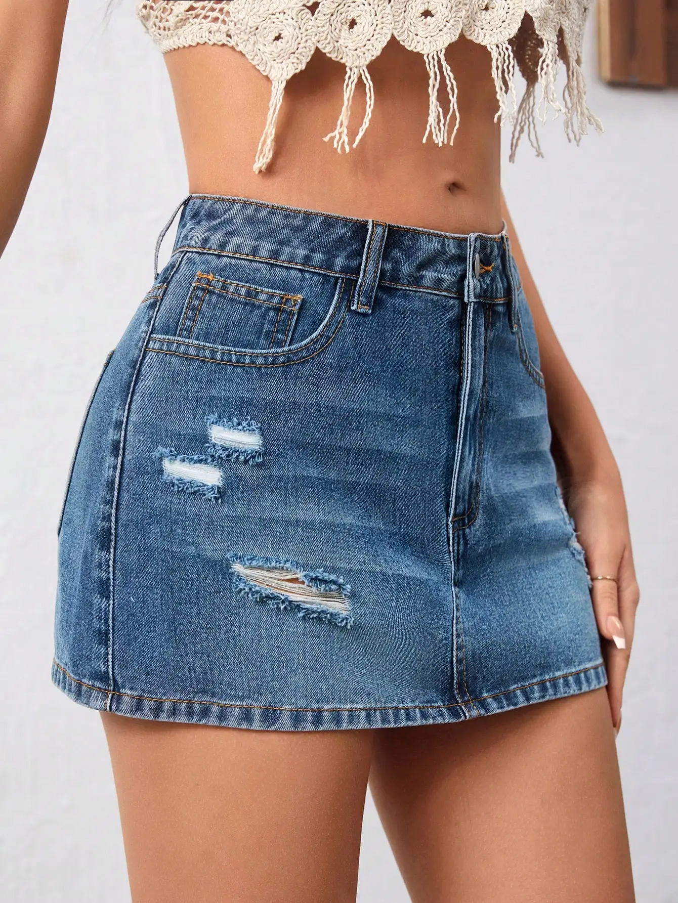 

Ripped Denim Mini Skirt Summer Casual A-Line Women