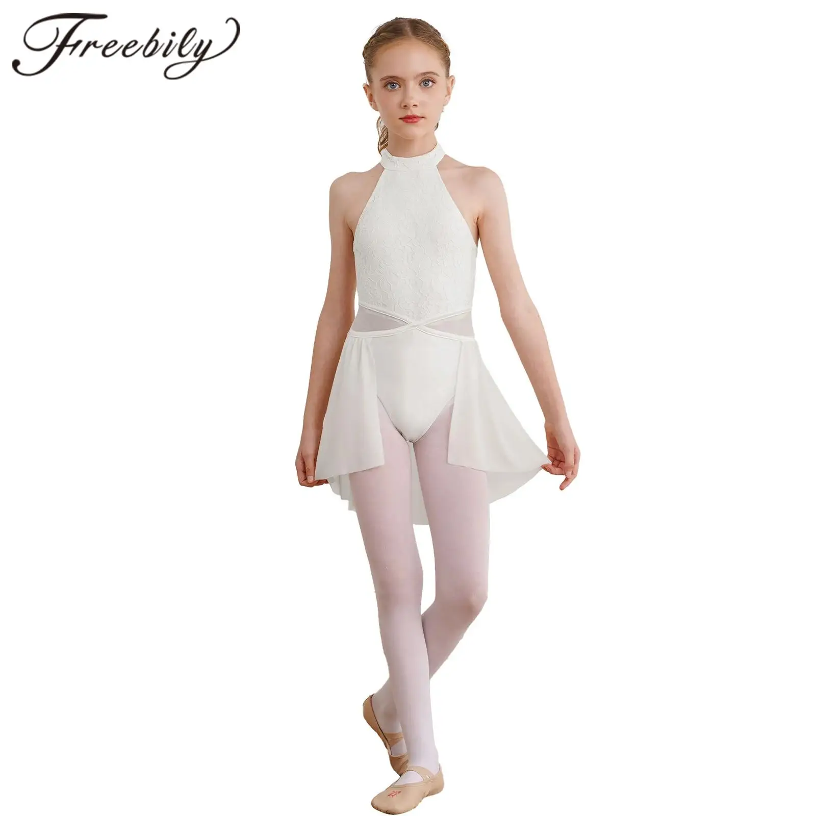 

Kids Girls Sleeveless Lace Floral Ballet Dress Teens Gymnastics Leotard Dancewear Children Irregular Hem Figure Skating Dress