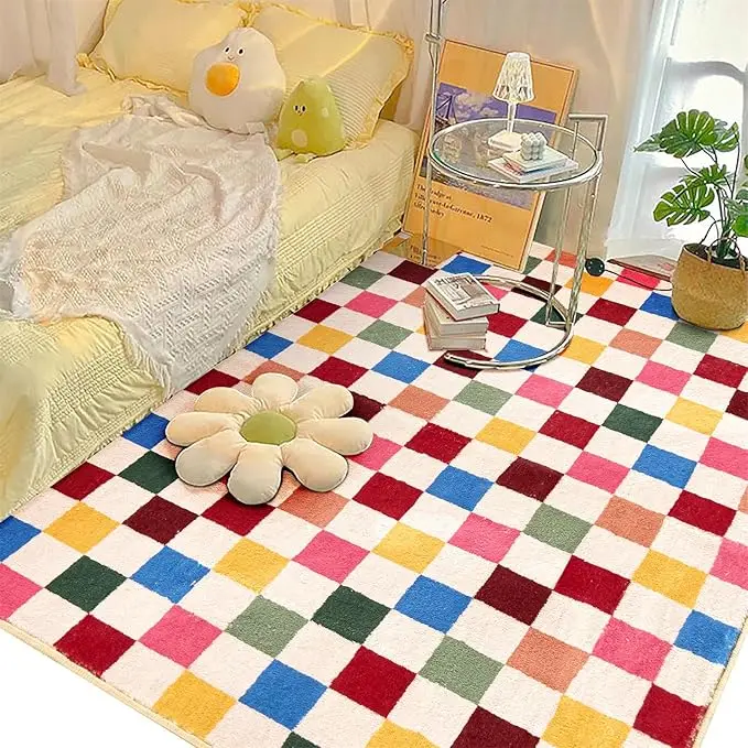 VIKAMA Colorful plaid rug Living Room bedroom Bed blanket Vintage checkerboard rug Cloakroom floor mat RUG