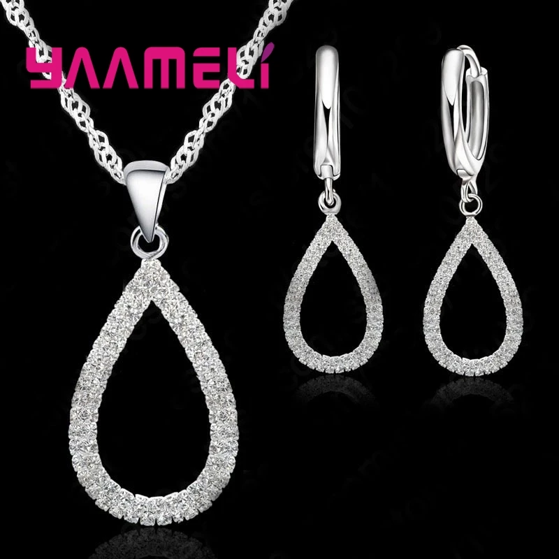 925 Sterling Silver Necklace Earrings Set Water Drop Shape Sweet Romantic Cute Style For Women Girl Wedding Party