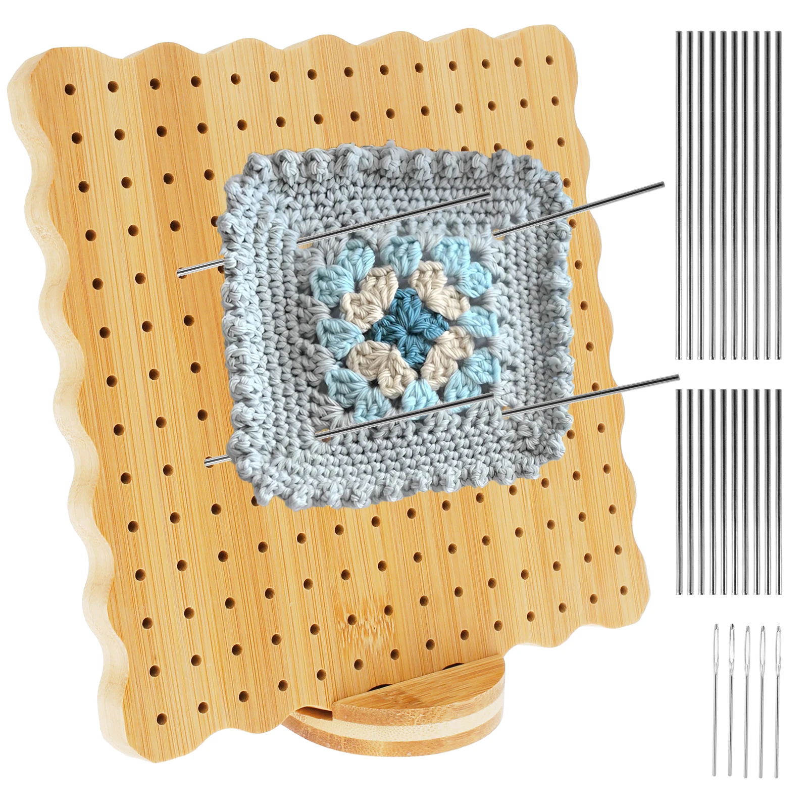 

7.7in Wood Crochet Blocking Board Kit with Oval Base Granny Square Crochet Board 196 Holes Blocking Board for Knitting DIY Craft