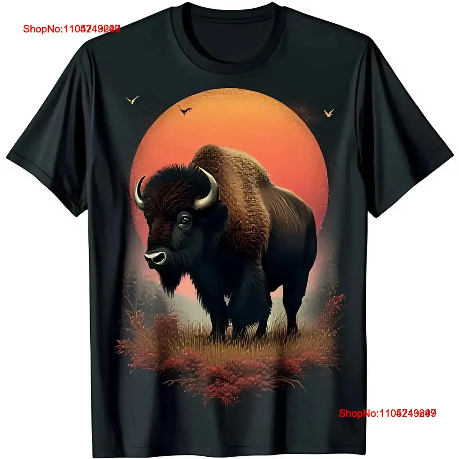

Majestic Bison Sunset Black T Shirt Wild Nature Design vintage Washed homme Soft streetwear Casual designer clothes graphic