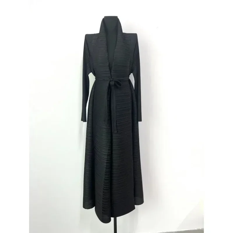 Pleats Pleated Black Gown Coat Cardigan Dress Lapel Collar Ruched Maxi Skirt Women 2024 Fall Winter Streetwear