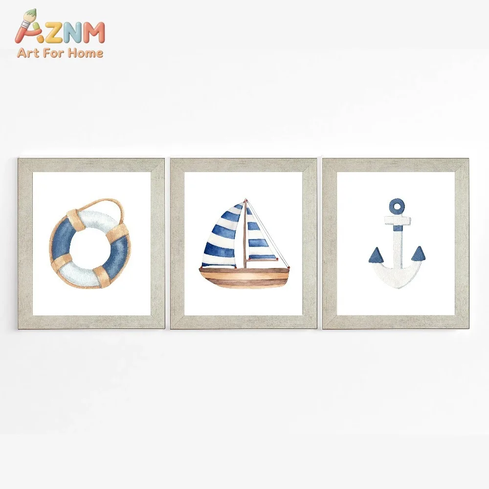 AZNM 3Pcs Watercolor Nautical Canvas Wall Art, Lifebuoy Sailboat Anchor Print Frameless Canvas Painting, Coastal Theme Kids Nurs