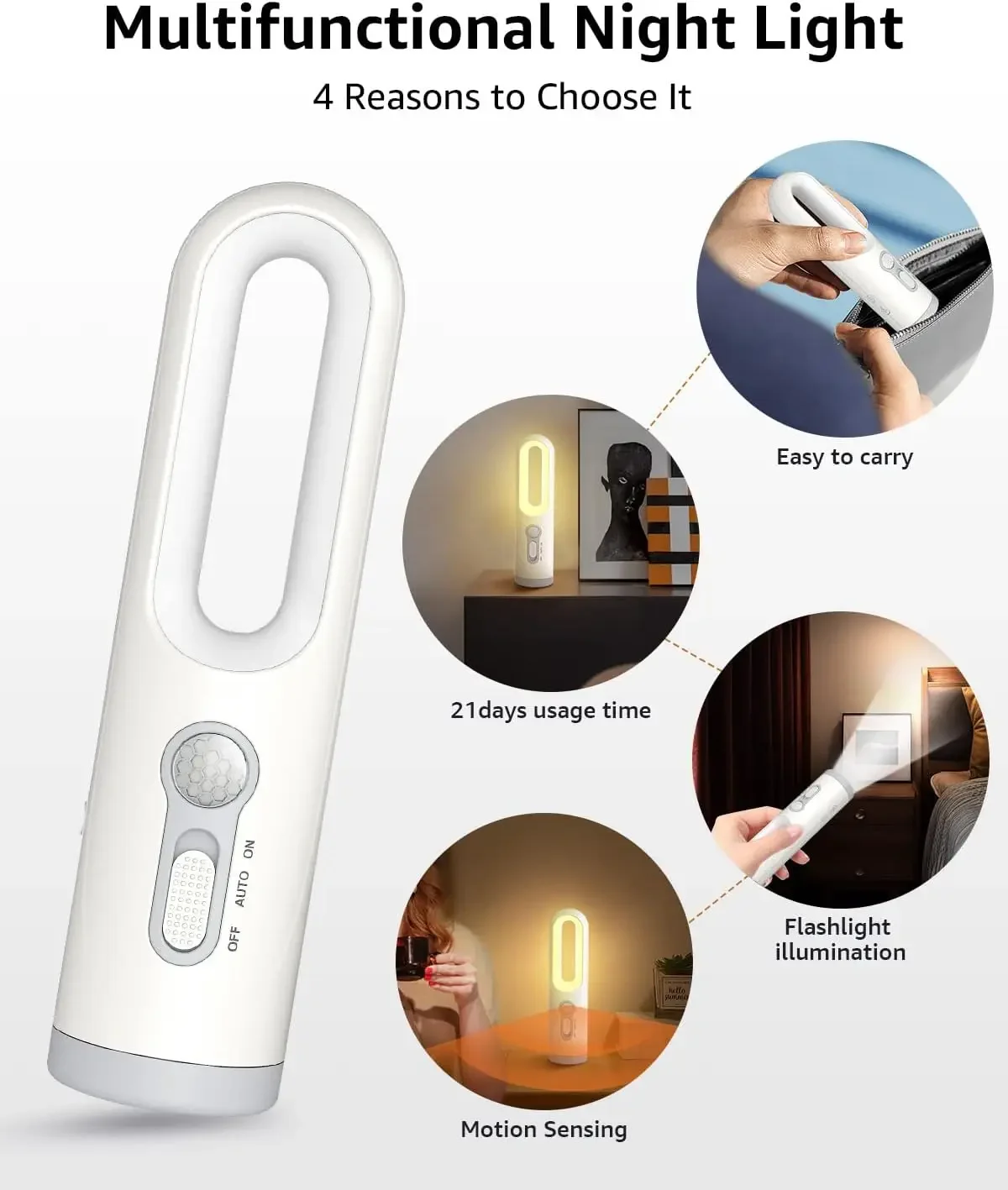 Night Light 2 in 1 Portable Flashlight LED Motion Sensor with Dusk to Dawn Sensor for Bedroom Bathroom Reading Camping Warm image 3