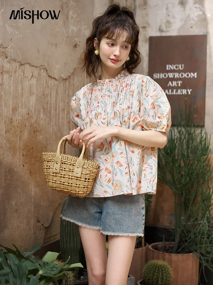 MISHOW Tulip Floral Blouse for Women Summer 100 Cotton Puff Sleeve Lace Edge Sweet Female Short Sleeve Loose Top MXC37X0034