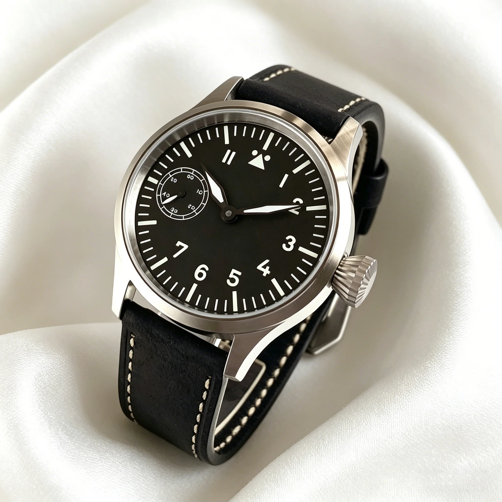 

43mm Sterile Mechanical Pilot Watch for Men Hand-wind Movement Asia 6497 ST3600 Sapphire Crystal Luminous Dial Hands