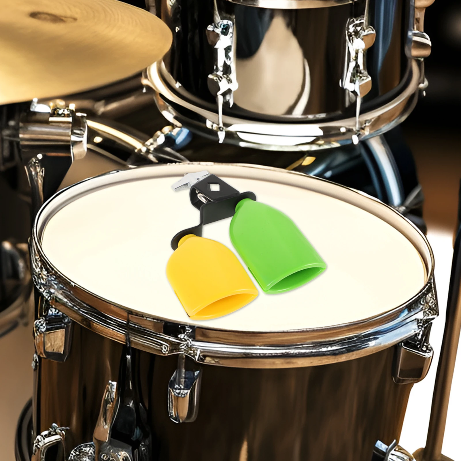 1 ペアプラスチックカウベルドラムパーカッション高低音鮮やかな緑黄色ダブルマウントキットミュージカルパーカッションアクセサリー