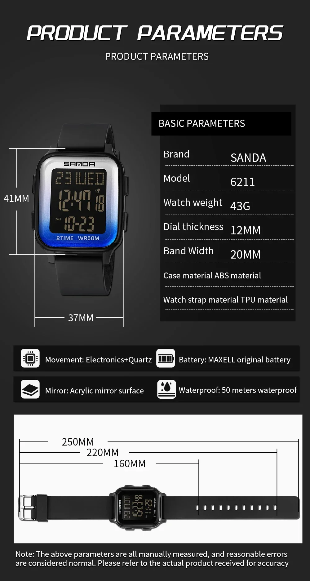 SANDA 6211  Men's and Women's Form Display Electronic Watch Electronic Watch Student Fashion Trend Multi functional Waterproof