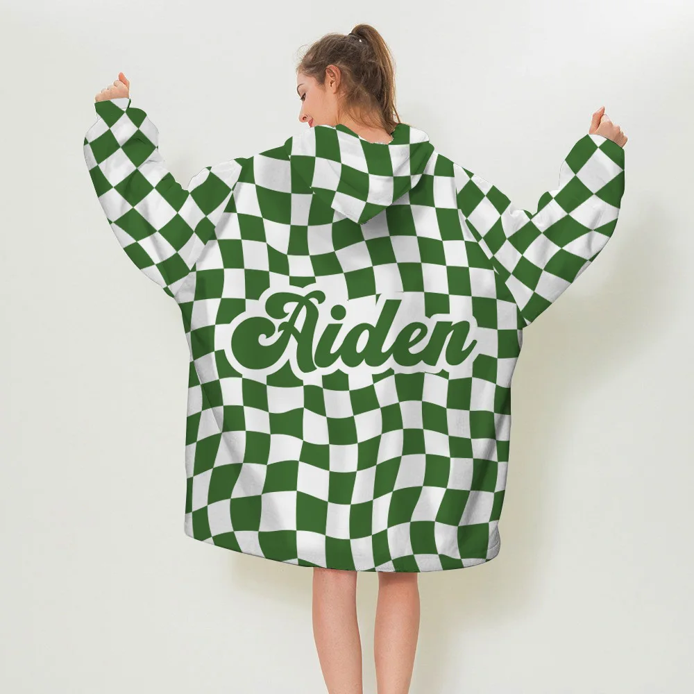 Personalized Name Hooded Cape Chessboard Pattern Warm Lazy Flannel Blanket Wearable Robe Hooded For Adults and Kids