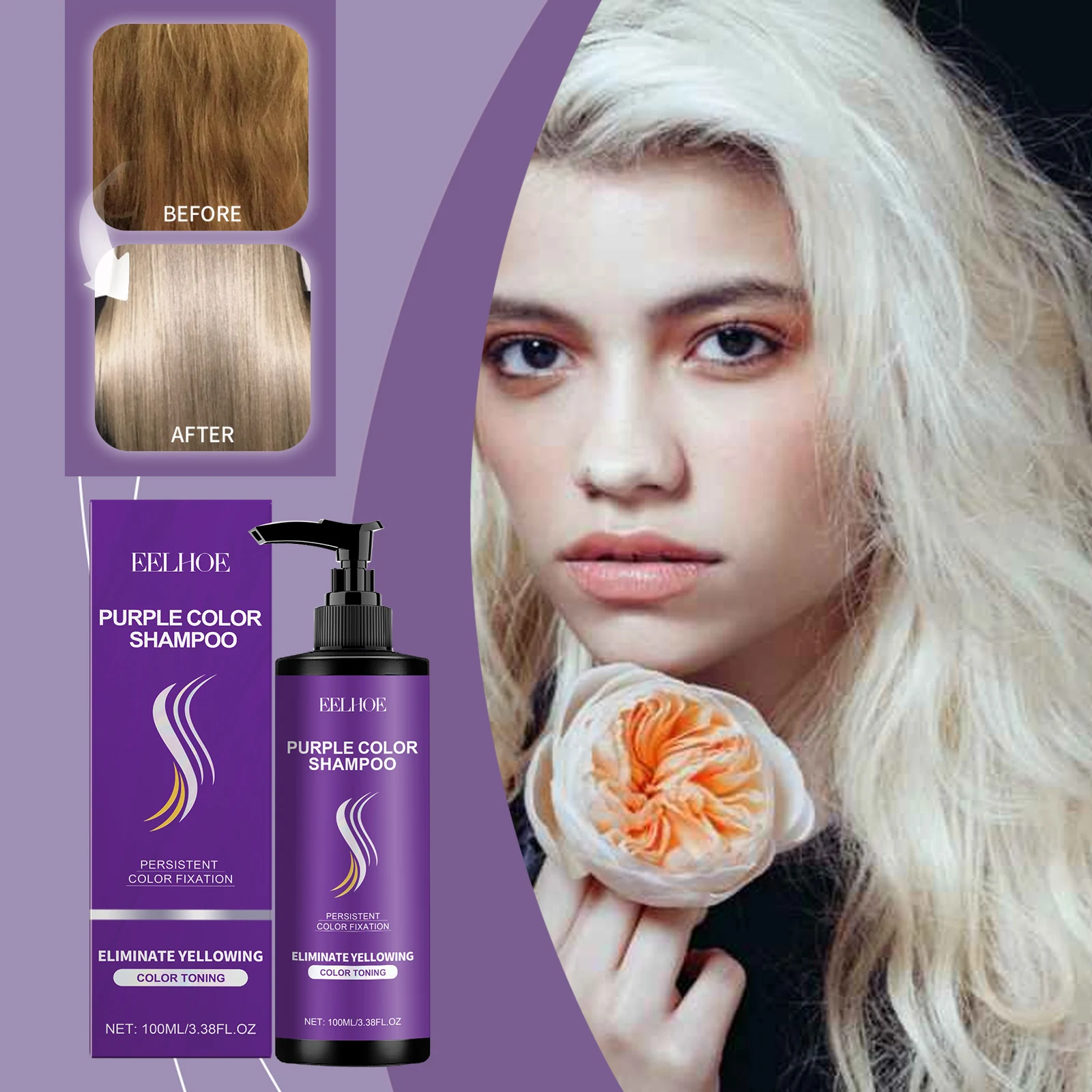 

EELHOE Purple Color Shampoo 100ml,Color Toning Shampoo to Eliminate Yellowing,Persistent Color Fixation for Blonde Bleached Hair