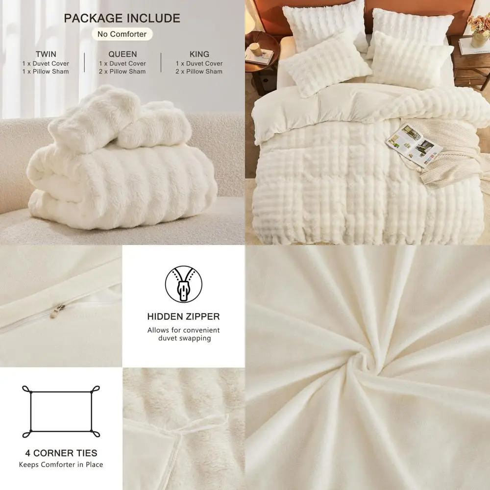 

King Size Faux Fur Duvet Set, 3-Piece Soft Shaggy Comforter Cover, Plush Warm Bedding for Winter, Elegant Cream White