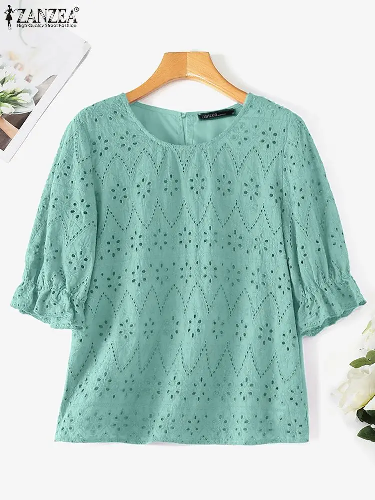 ZANZEA Summer Lace Crochet Blouse Women Patchwork Tops Loose Solid Work Party Blusas Femme Elegant O Neck Short Sleeve Shirt