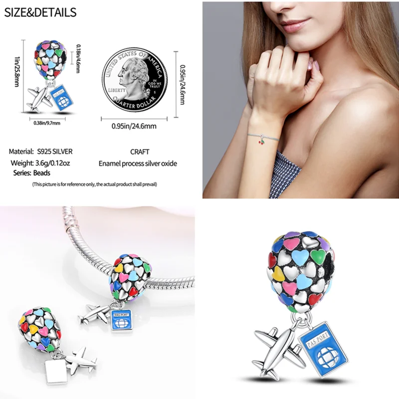 Charm Fit Pandora Original Bracelet Silver 925 Charm Luminous Chameleon Hot Air Balloon Beads with Zircon Pendant Jewelry Making