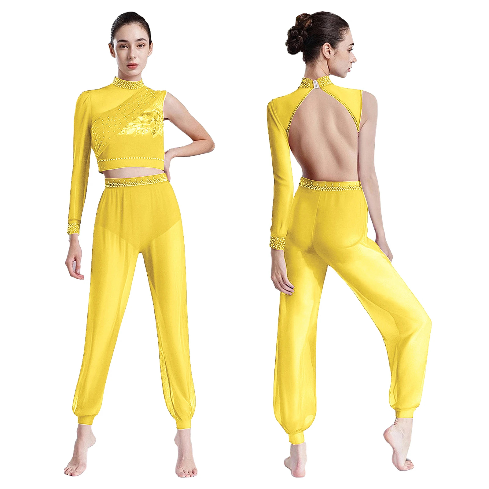 

Womens Figure Skating Costume Set Latin Belly Dance Outfit Backless Rhinestone Crop Top+Pants Outfits for Jazz Salsa Performance