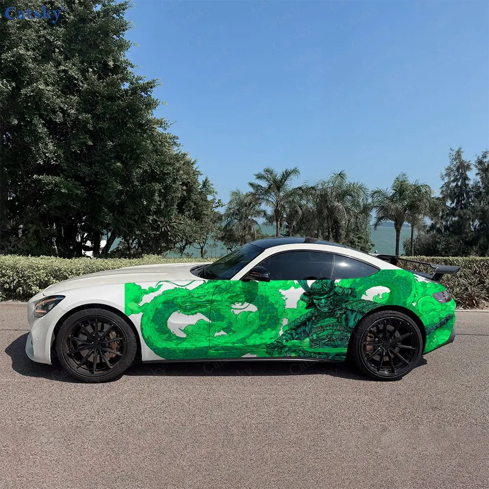 

2 шт. зеленых наклеек на боковые части автомобиля с изображением самурая и дракона, самоклеящиеся, из ПВХ, водонепроницаемые и устойчивые к царапинам, аксессуар для автомобиля, подарок