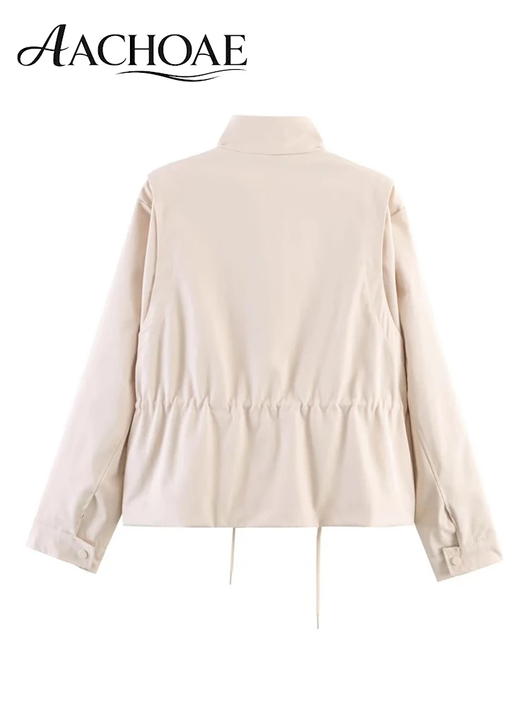 AACHOAE Women's Stand Collar Drawstring Waist Jacket Zip Up Windbreaker Long Sleeve Casual Utility Coat Cropped Outerwear