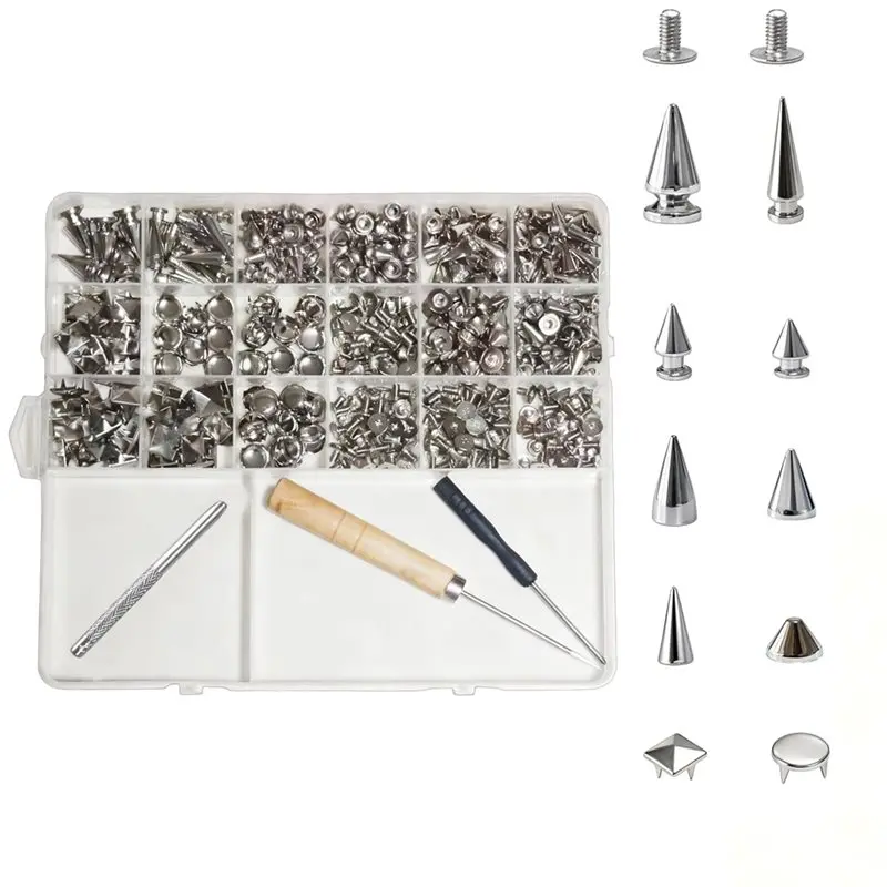 

【РАСПРОДАЖА!】Набор шипов и заклепок в стиле панк, 455 шт., 10 размеров, металлические конусные и квадратные заклепки для одежды и изделий из кожи