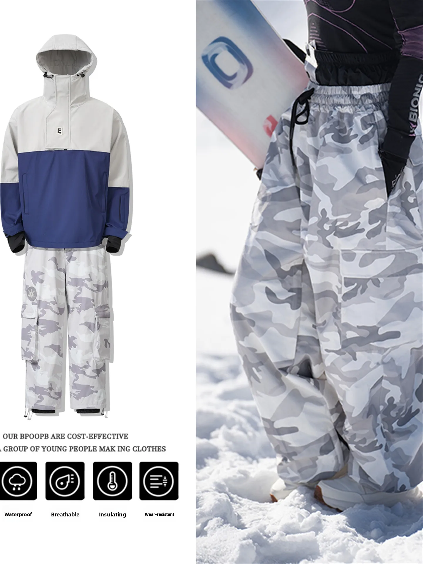 

Thiened Camouflage Snowboard Pants Men's Winter Heavy Du Warm Waterproof Two-Piece Set Casual Sportswear Youth Size