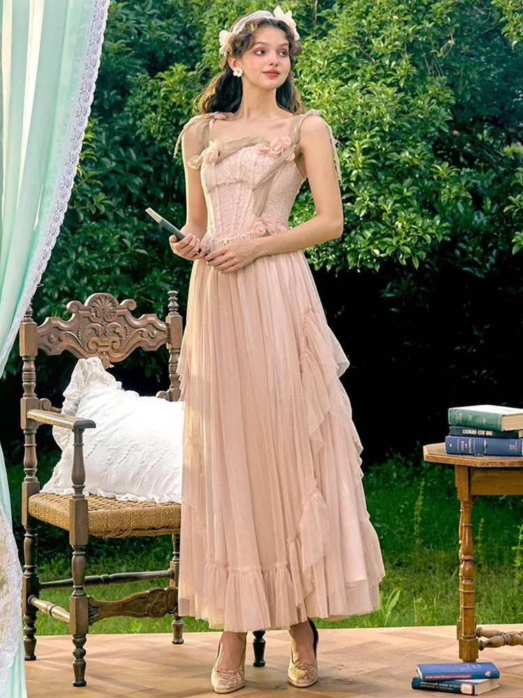 84-102 cm Büste Sommer Maxi Sling Kleider Für Frauen Elegante Dünne Rosa Spitze Mesh Hosenträger Fishbone Kleid Urlaub geburtstag Kleid