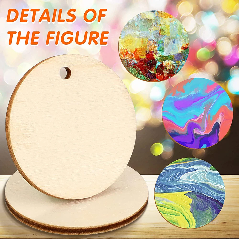 50pcs Unfinished Round Wooden Circles with Holes Round Wood Discs for DIY Crafts Party Birthday Christmas Decoration